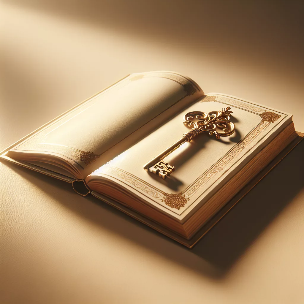 Antiker goldener Schlüssel auf einem offenen Buch — volle Rechte